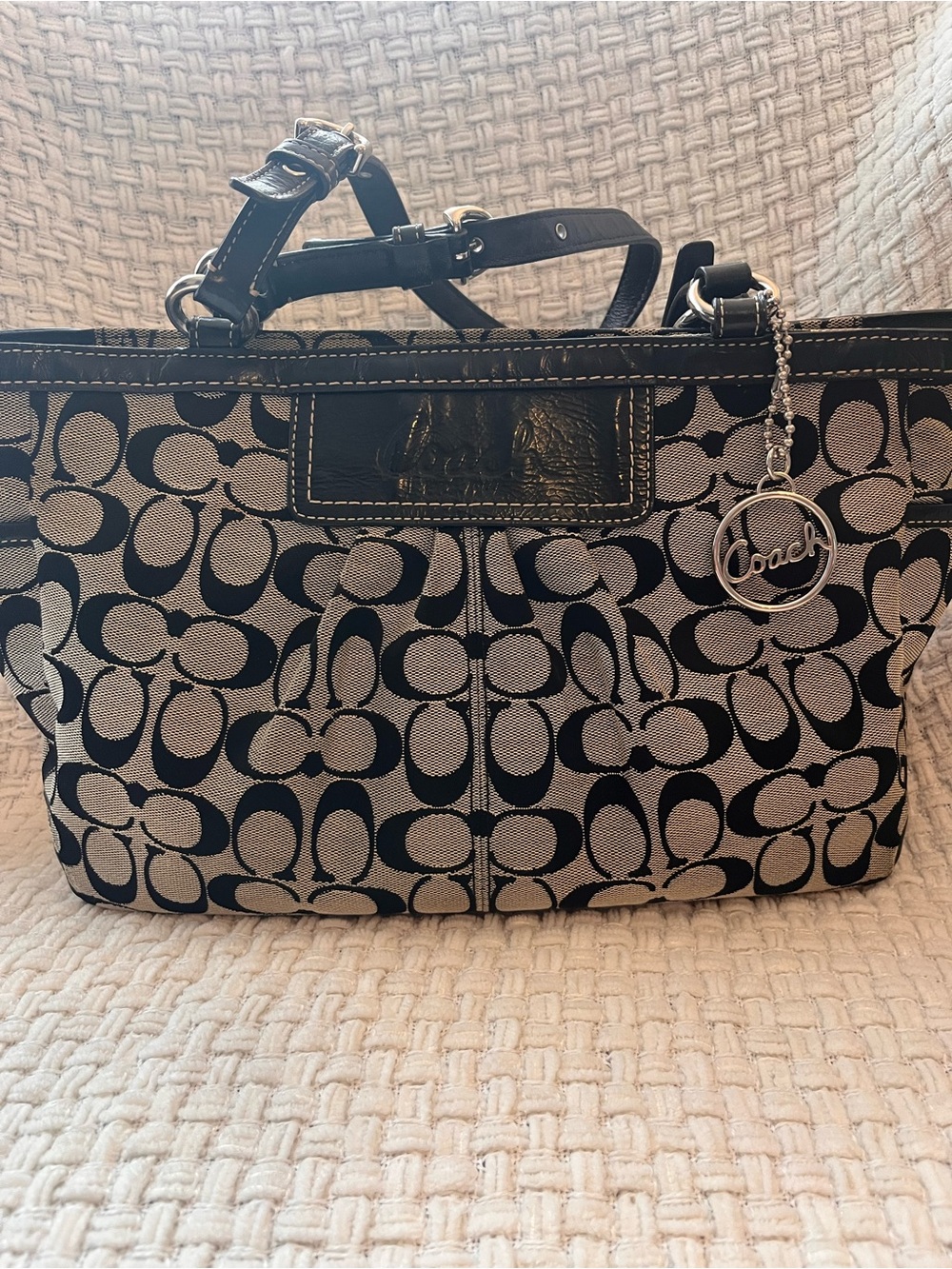 Coach Signature Jacquard Tote in Black and Beige with Charm